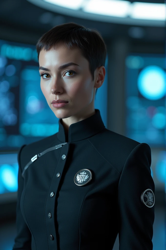 Photorealistic, woman in imperial officer uniform, galactic empire uniform, short haircut, high resolution, UHD, 4K,