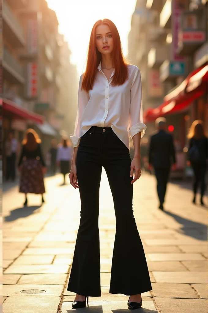 A girl with a long red head wears long clothes and long pants