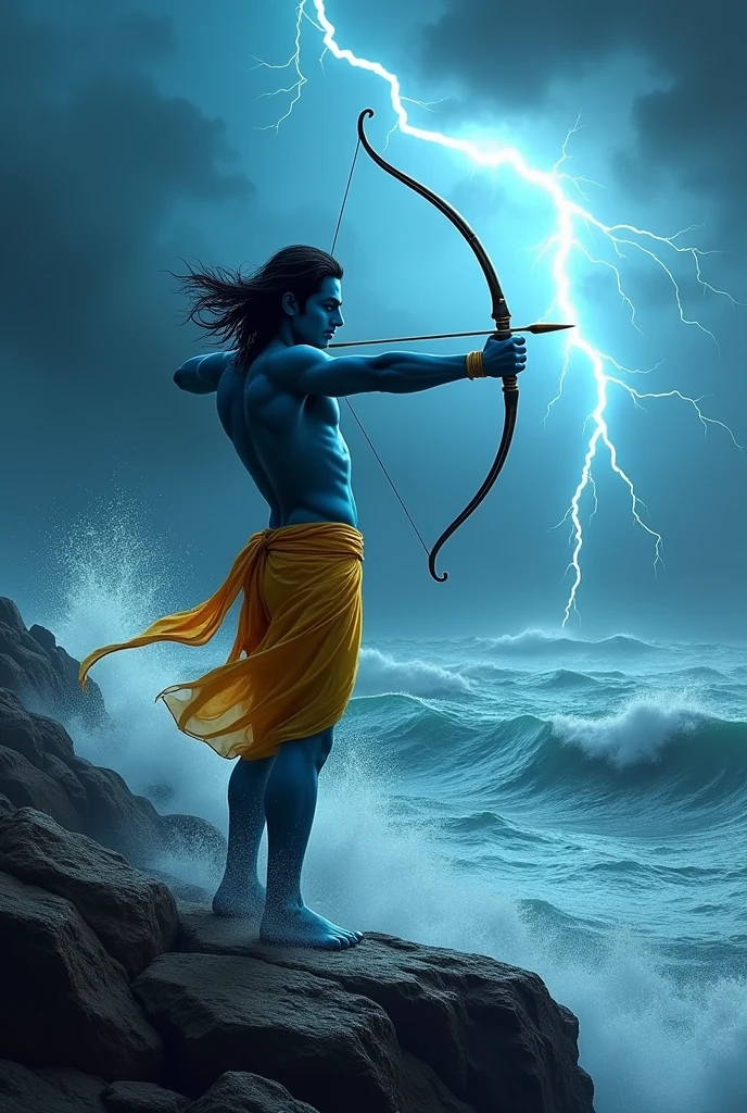 Lord Ram (fit body, blue colour, middle hair, shooting arrows in the sky with a bow in his hand, bright lights in his full body, wearing yellow clothes) standing on the sea shore, shooting arrows in the sky, lightning is flashing in the sky, dark clouds are looming, looking towards the sea, engry scence