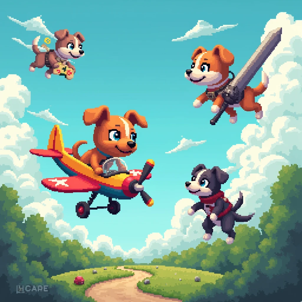 A whimsical background, showing a dog flying in an aircraft, a dog with a video game controller floating, a dog floating with a big sword on its back, a dog dressed as Silent Hill floating, in the pixel art style, wallpaper image in 1980 x 1080