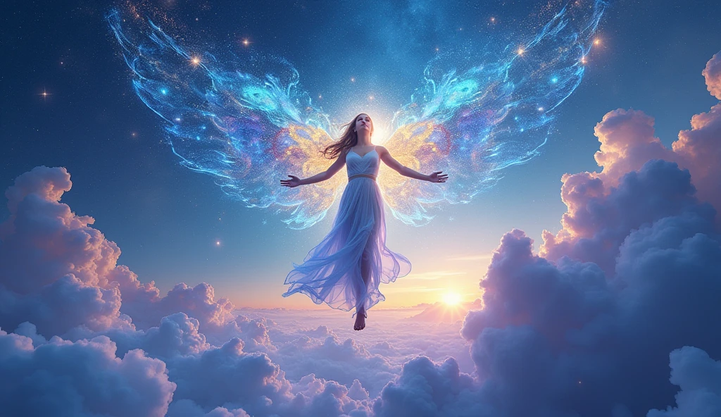 make images of people, levitating that have to do with the awakening of consciousness, the spiritual awakening, the awakening of the soul, cosmic energy, the fifth dimension, the universe and everything that has to do with this world. do it in shades of blue and gold, with some very secondary colors, make different images, with things that are almost not images, digital art