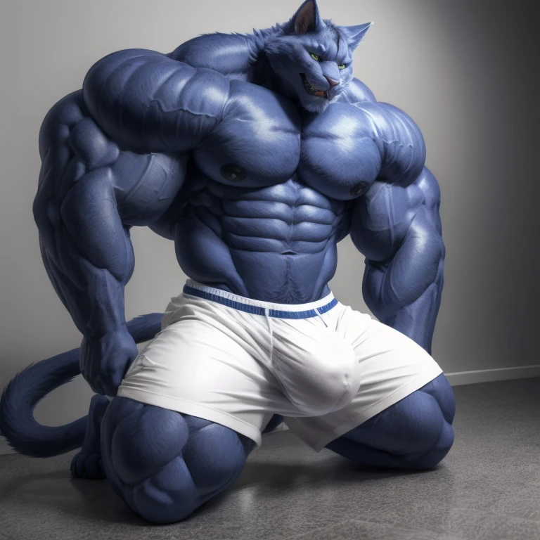 furry growth, big Bulge touching the ground, hyper growth, hyper muscles, a cat, blue, cute cat, shirtless, white shorts, muscular, on a gray background Kneeling on the floor