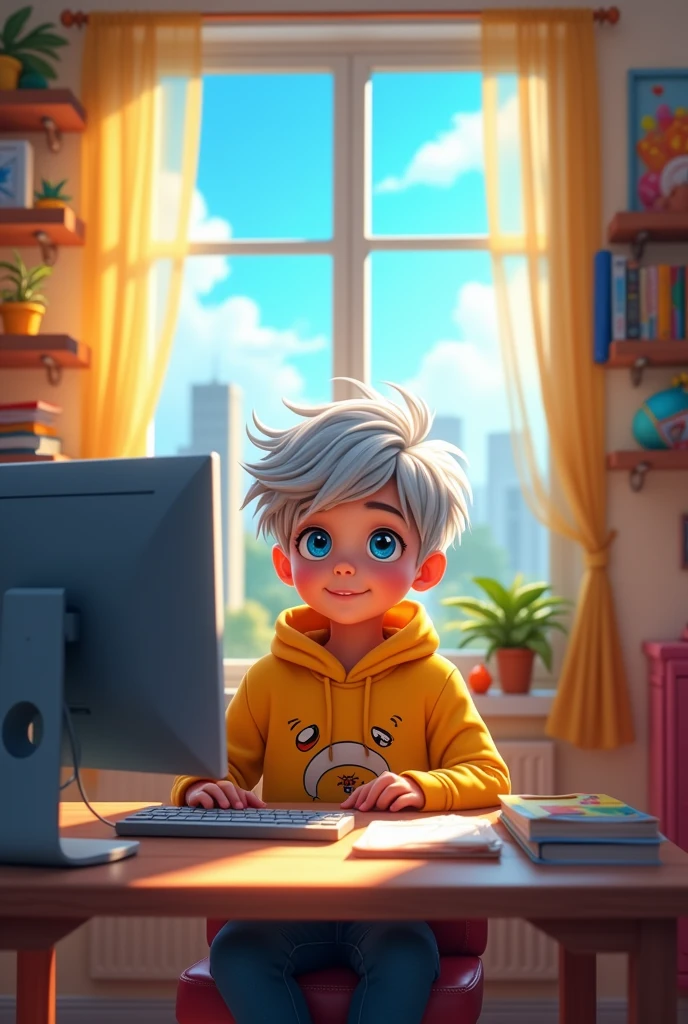 

"Create an image of a young boy sitting at a computer desk. The child has large, bright blue eyes, and silver or white messy hair. They are wearing a normal yellow hoodie with cute and large  The background is a cozy, well-with a window showing a cityscape under a clear blue sky. There are toys and decorations on shelves in the room, adding a playful and  atmosphere. The lighting is warm, reflecting a peaceful and creative environment."