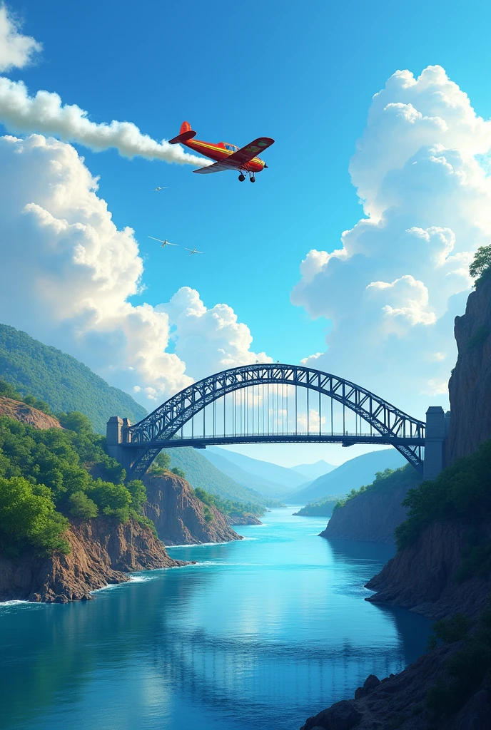 A bridge and a plane in the sky with a river around, ship 16:9