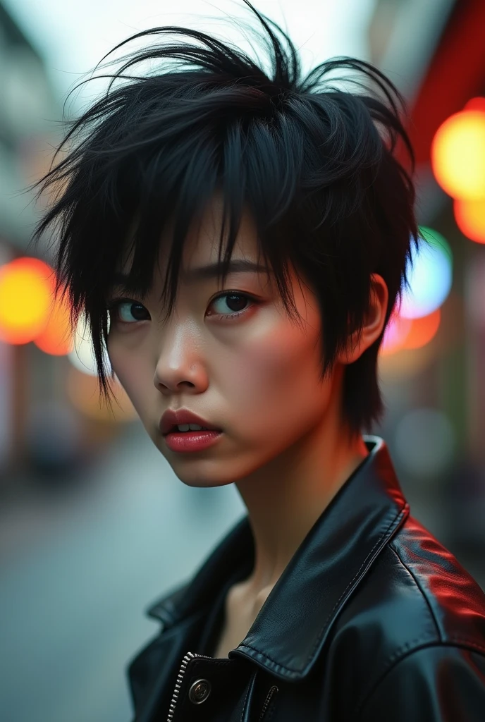 a young adult woman of east asian features, short messy spiky hair, rebellious expression, cute, fashionable clothes, angry expression, (best quality,4k,8k,highres,masterpiece:1.2),ultra-detailed,(realistic,photorealistic,photo-realistic:1.37),highly detailed portrait, intricate facial features, cinematic lighting, vivid colors, dramatic contrast, emotional mood, editorial style