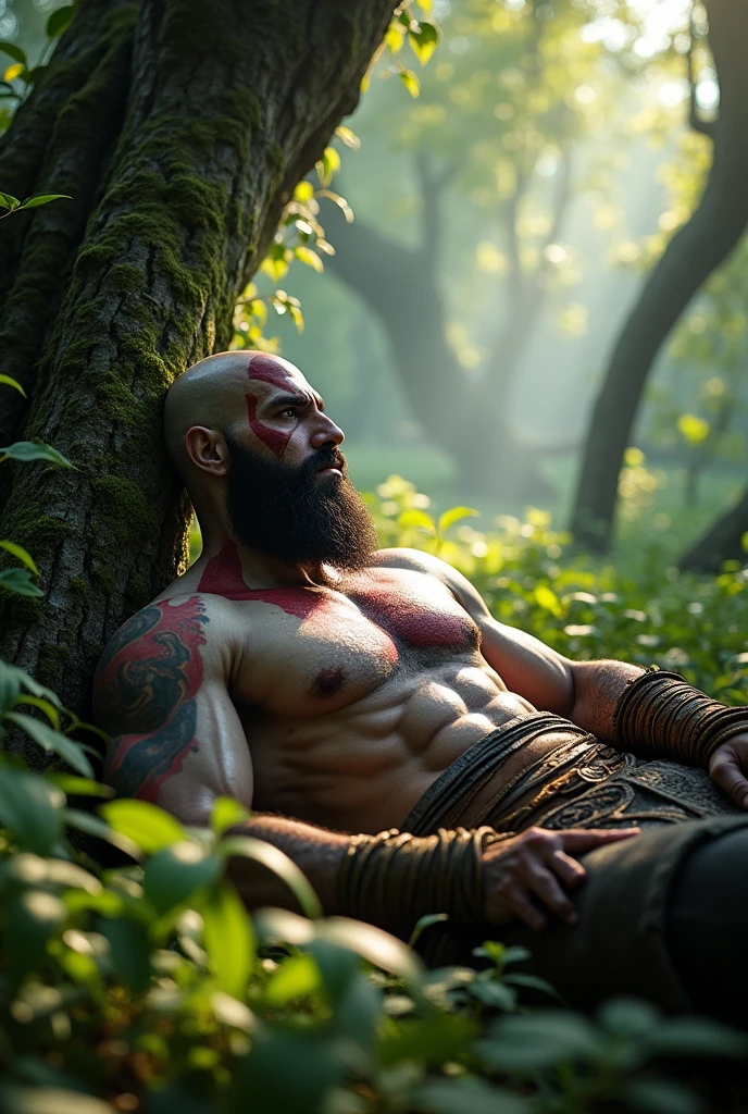 A Kratos touching himself in the middle of the forest lying down