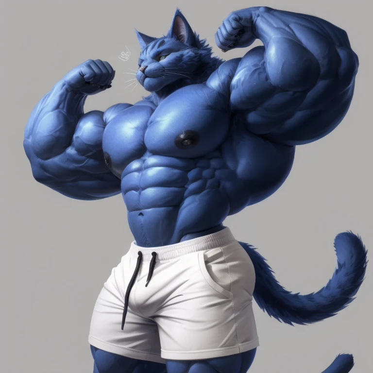 furry growth, hyper growth, hyper muscles, a cat, blue, cute cat, shirtless, white shorts, muscular, on a gray background, far vision
