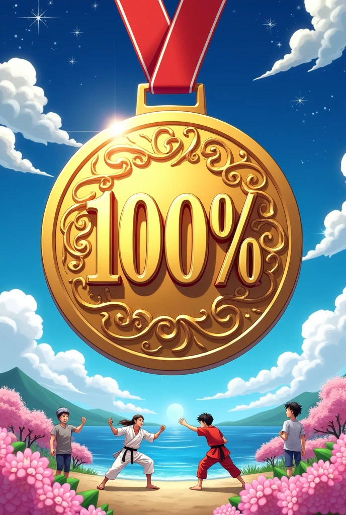 Medal that says "100%" achievements in anime themes