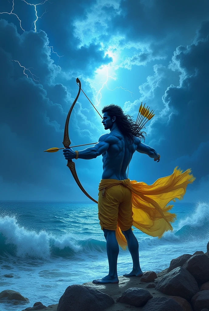 Lord Ram (fit body, blue colour, middle hair, shooting arrows in the sky with a bow in his hand, bright lights in his full body, wearing yellow clothes) standing on the sea shore, shooting arrows in the sky, lightning is flashing in the sky, dark clouds are looming, looking towards the sea, engry scence 
