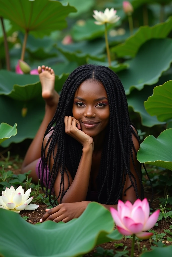 0a beautiful african american woman. she is lying in a field on her side. plants like monstera, israeli rucus, sago palm, and banana leaf envelopes her. lotus flowers are around her. her eyes are looking kind. she has long braids. her hands rest softly. her feet are relaxed