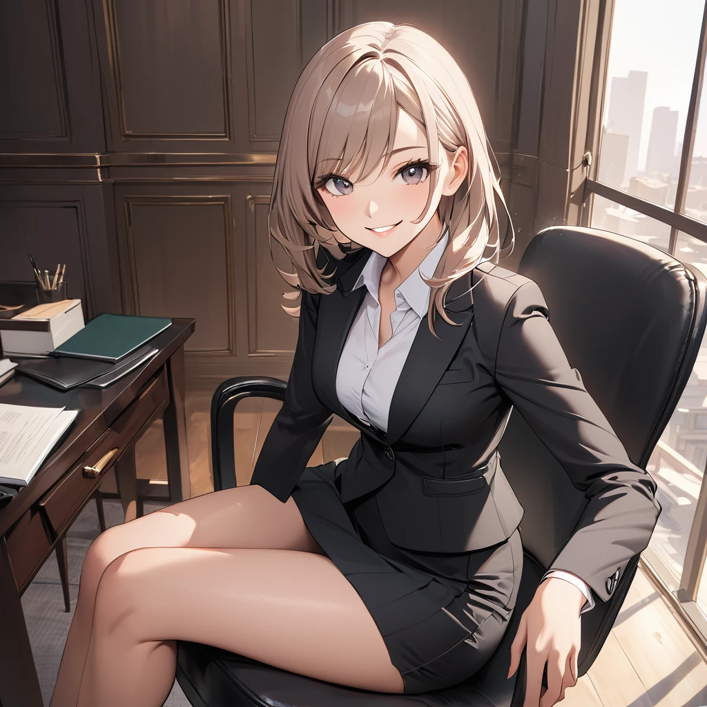 A beautiful businesswoman in a tight skirt sits astride a chair facing forward, smiling and looking at the viewer.