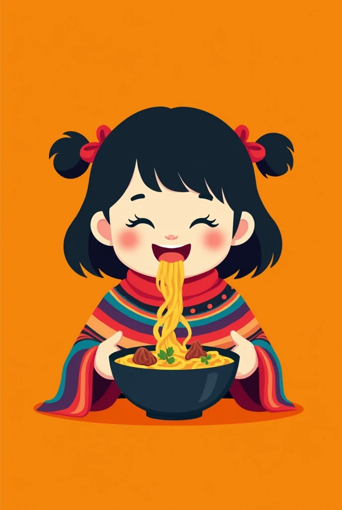minimalist logo, as a little Japanese girl, wearing a Mexican serape, closed eyes, happy, Eating noodles with bits of meat, on an orange background.