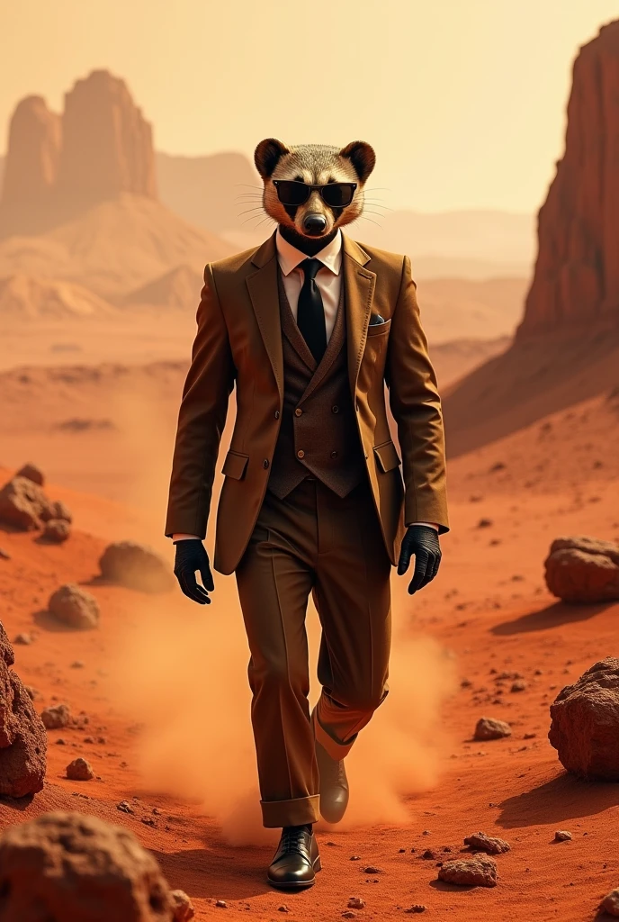 Honey badger wear brown suit with dark eye shades with maximum steeze on mars