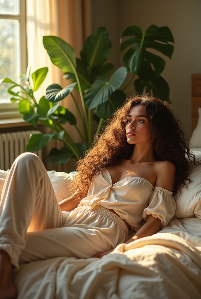 (photorealism:1.2), beautiful woman, sitting on bed, wearing loose off-shoulder top, pajama pants, long curly hair, indoors, soft lighting, plants in background, window with sunlight, cozy room, relaxed pose, realistic, intricate details, warm colors, by Greg Rutkowski, by Alphonse Mucha