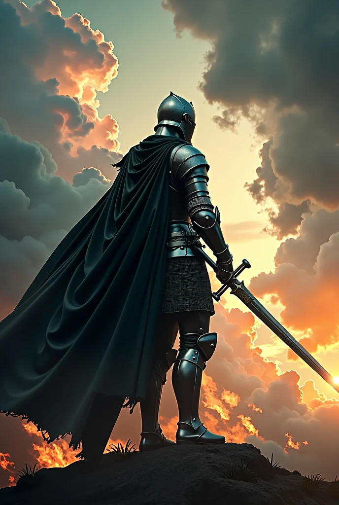 A movie poster depicting a Cavaleiro de armadura negra wielding a sword on a battlefield with the words "SeaArt x infinito" (work of art, Maximum quality, high resolution, highly detailed 8K unified CG wallpaper), enormous dazzling photo of the warrior, very strong, detailed helmet, perfect proportions, Slim Body Beauty:1.3), (The medieval Knight in luminous armor:1.5) (I have a torn black cape., Vestindo detailed armor, used in finely crafted, detailed armor, with a sword hanging from a thick belt:1.5, from above view, male knight, INFO
