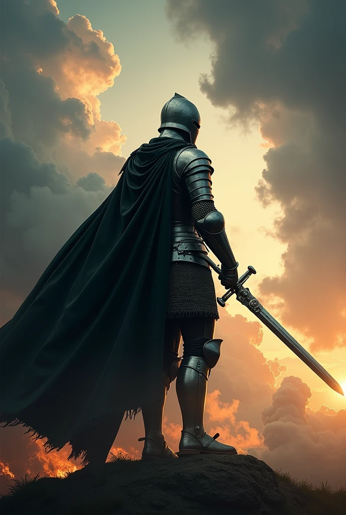 A movie poster depicting a Cavaleiro de armadura negra wielding a sword on a battlefield with the words "SeaArt x infinito" (work of art, Maximum quality, high resolution, highly detailed 8K unified CG wallpaper), enormous dazzling photo of the warrior, very strong, detailed helmet, perfect proportions, Slim Body Beauty:1.3), (The medieval Knight in luminous armor:1.5) (I have a torn black cape., Vestindo detailed armor, used in finely crafted, detailed armor, with a sword hanging from a thick belt:1.5, from above view, male knight, INFO
