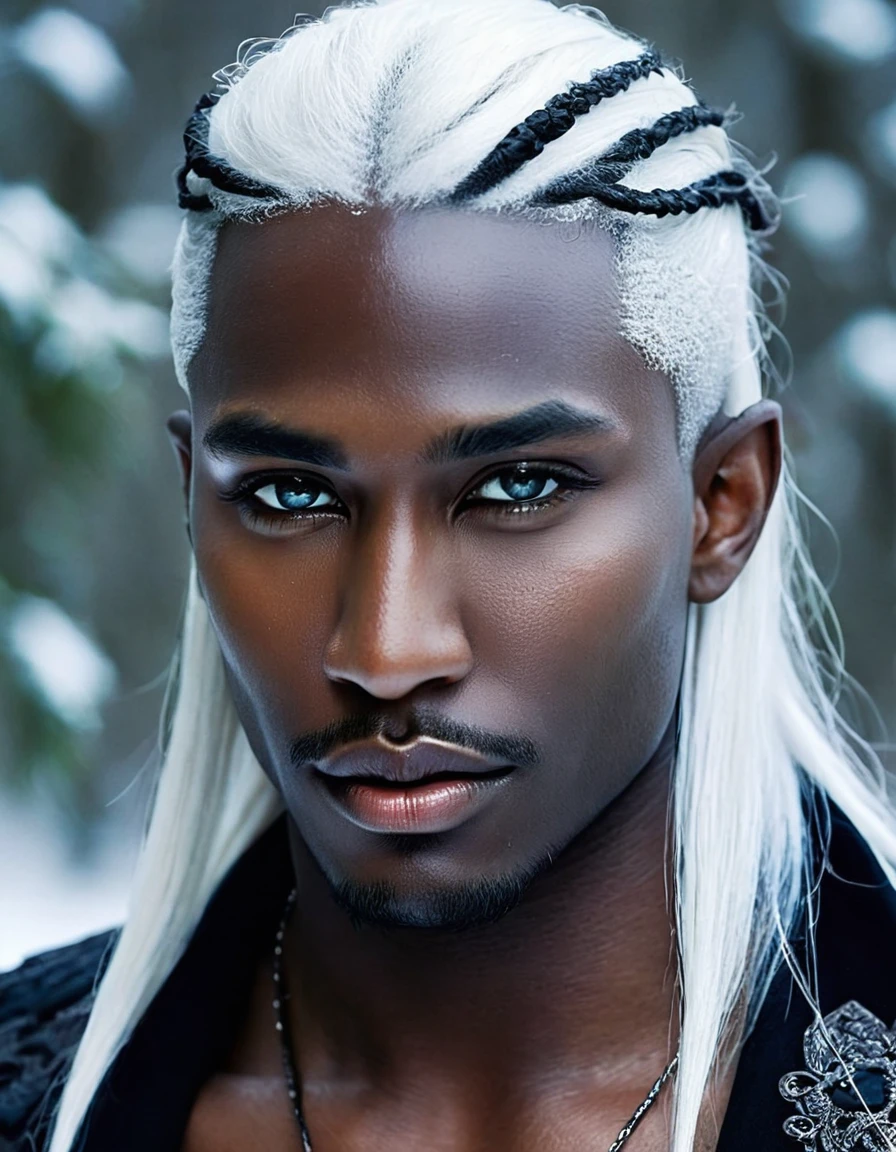 Black elf with white hair and defined masculine features, Feminine and sexy beauty, elegant and seductive evil, dark and smooth skinned man, with the best pixels, exotic and fantasizing looking Viking man,, delicate and striking features, skin like a raven's wings, dressed in black and silver, with beauty in his perfect face, Thin nose, nice defined lips, as handsome as a sex demon. Strong body, solid torso, good muscle growth. Coal black skin with silver and blue highlights, drooping, sensual eyelids, thin nose, fantasy masculine figure. Long, pure white hair like mist that contrasts with the light skin.