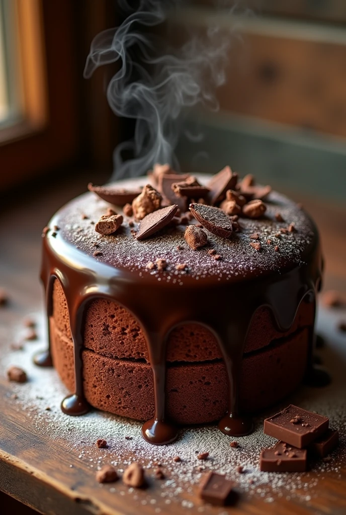 A freshly baked chocolate cake, rich and moist, with a smooth and glossy chocolate glaze cascading down the sides. The cake is still warm, with a subtle steam rising from it, indicating its freshness. The top of the cake is adorned with a few delicate chocolate shavings and a sprinkle of powdered sugar, adding a touch of elegance. The background is a cozy kitchen setting, with warm lighting that highlights the delicious texture of the cake, making it the perfect treat for any chocolate lover.