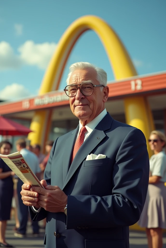 A scene from 1954, showing Ray Kroc, a middle-aged man in a business suit, standing outside the first McDonald's franchise in Des Plaines, Illinois. The restaurant has the iconic golden arches, with a crowd of customers waiting in line. Ray is holding a brochure and has a determined look on his face as he envisions the future expansion of the brand.