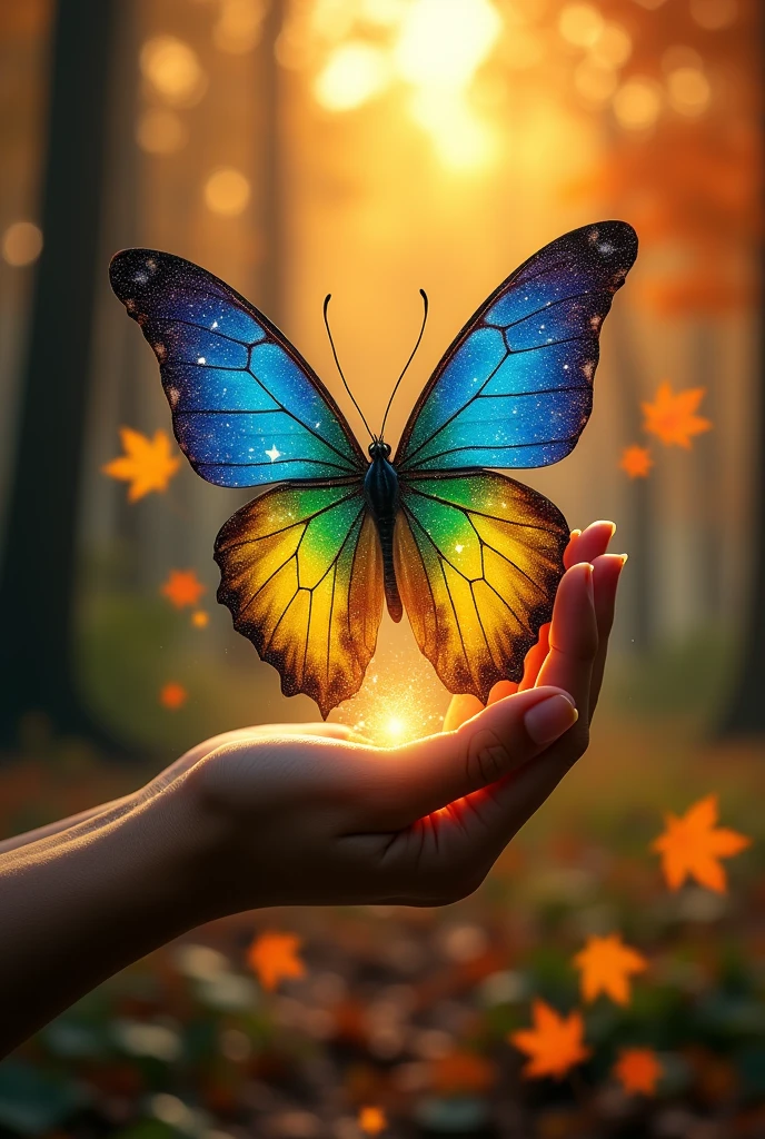 butterfly flying with the colors of the Brazilian flag, paws holding the universe, ((Maple Leaf)), ((forest)), ((trees)), ((WIDE VIEW)), sunset, (best quality, high resolution, masterpiece: 1.2), ultra-detailed, (realistic), (Fotos RAW:1.2), (photorealistic), photo-realistic: 1.37), HDR, UHD, Studio Lighting, Ultra-Fine Painting, Sharp Focus, Physically Based Rendering, Extreme Detail Depiction, Professional, Vivid Color, Portraits, Photography, Masterpiece, High Resolution Scan, (Photography: Canon 5D, 50 Zeiss Lens mm), ultra HD, HDR, grade, (professional color grading), sharp focus, natural lighting, ((intricate detail)), (reality: 1.4), (very detailed), light, super detail, 8k, best quality, 8k, best quality, Awards, high resolution, Textured Skin, Anatomically correct, ultra HD, accurate