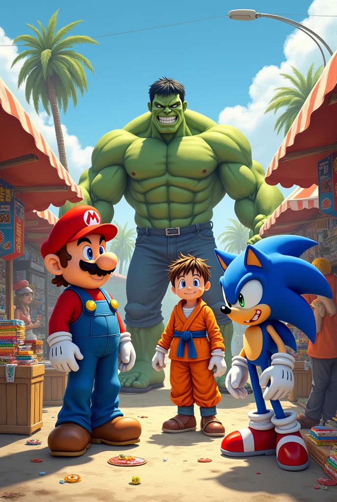 Super Mario, Son-Goku, Sonic , Hulk at the flea market 