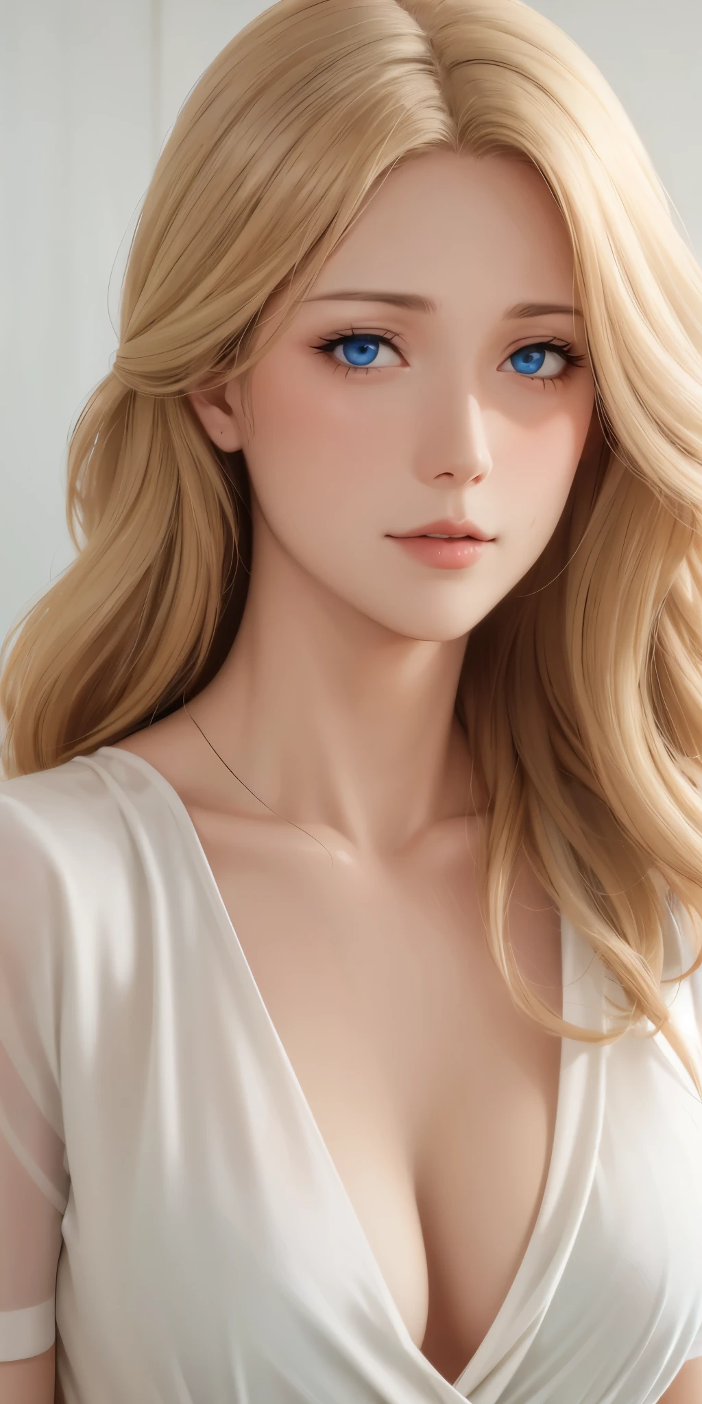 Elegant mature female, blue eyes, blonde hair, soft light, high detailed, 4k resolution, high quality, beautiful cg, 