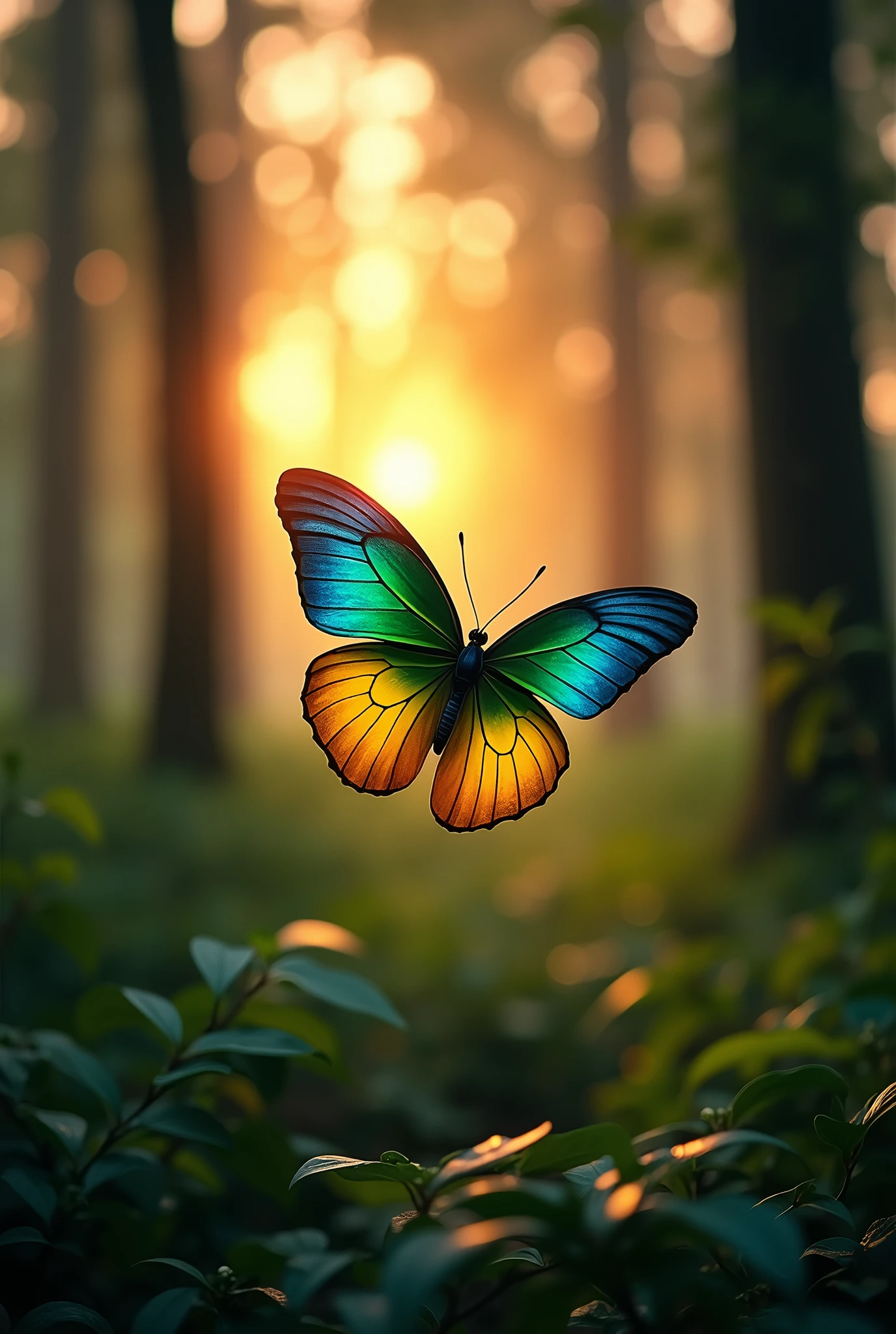 butterfly flying with the colors of the Brazilian flag, ((Maple Leaf)), ((forest)), ((trees)), ((WIDE VIEW)), sunset, (best quality, high resolution, masterpiece: 1.2), ultra-detailed, (realistic), (Fotos RAW:1.2), (photorealistic), photo-realistic: 1.37), HDR, UHD, Studio Lighting, Ultra-Fine Painting, Sharp Focus, Physically Based Rendering, Extreme Detail Depiction, Professional, Vivid Color, Portraits, Photography, Masterpiece, High Resolution Scan, (Photography: Canon 5D, 50 Zeiss Lens mm), ultra HD, HDR, grade, (professional color grading), sharp focus, natural lighting, ((intricate detail)), (reality: 1.4), (very detailed), light, super detail, 8k, best quality, 8k, best quality, Awards, high resolution, Textured Skin, Anatomically correct, ultra HD, accurate