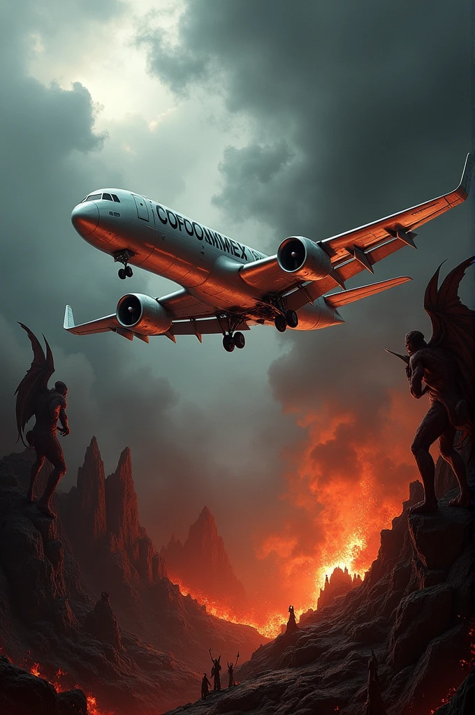 Plane with the letters COFOLKMEX flying over it.hell with two big winged devils guarding it