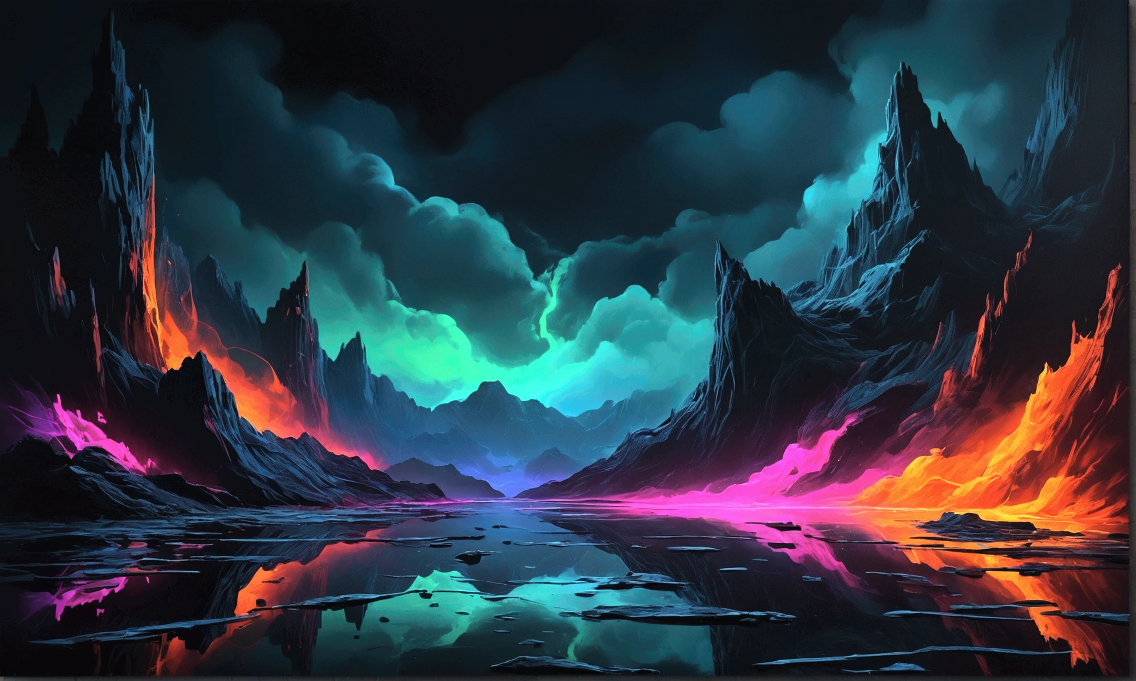 a gloomy abstract painting, neon colors, symbolizing isolation and despair, surreal, moody atmosphere, melancholic tones, chiaroscuro lighting, striking contrast, dynamic composition, emotive brushstrokes, dreamlike quality, haunting ambience, deep emotional impact, masterpiece, best quality, 8k, photorealistic, cinematic lighting, digital art