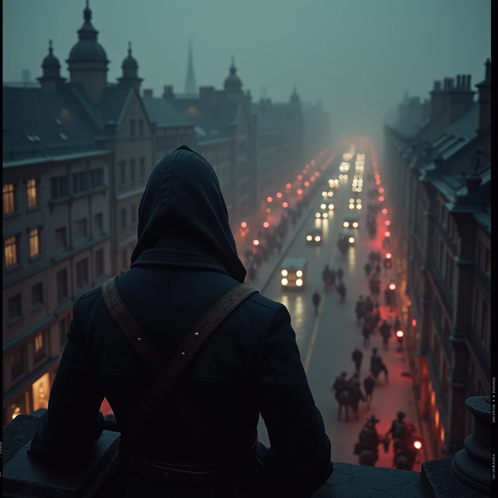 (((top down point of view))) hooded mercenary watches from the rooftops the citizen passing by. Set in Victorian London. Masterpiece, ultra detailed, red flares, 35mm cannon camera, intricate hyper realistic. fogs. night time. assassins creed. victorian era clothing. horses in the background.