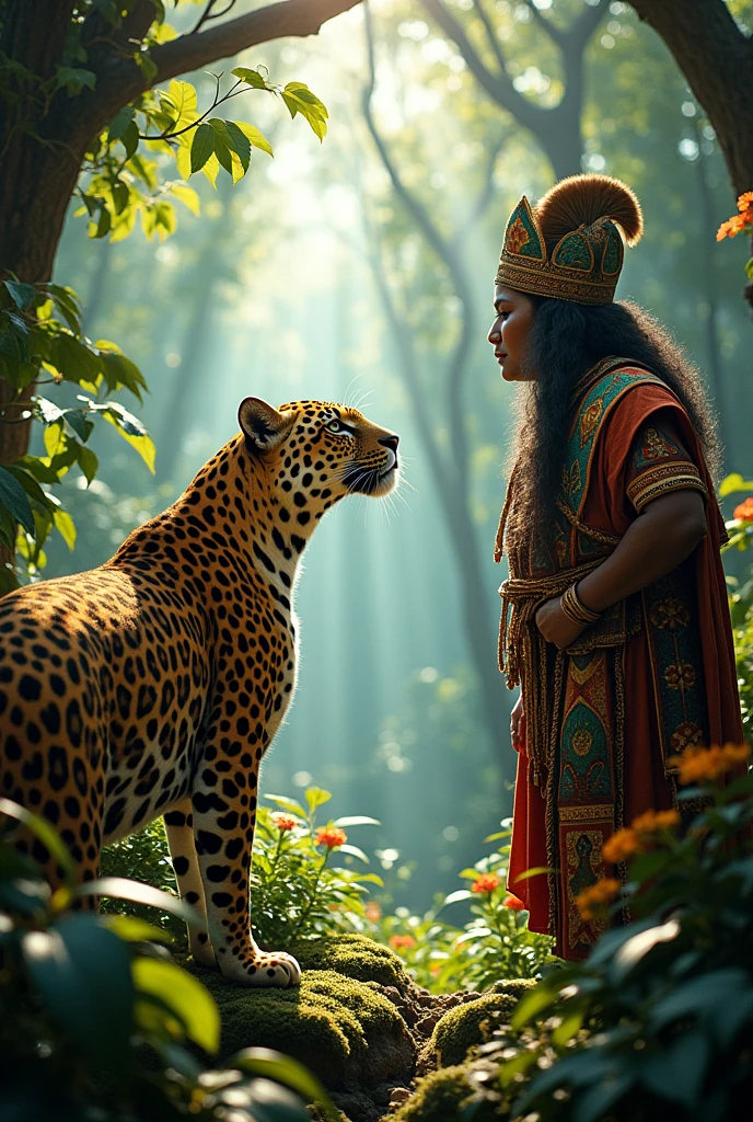 Create an image where a jaguar appears, a mystical animal with a more ancestral form from the Inca era that is speaking to the quipucamayoc