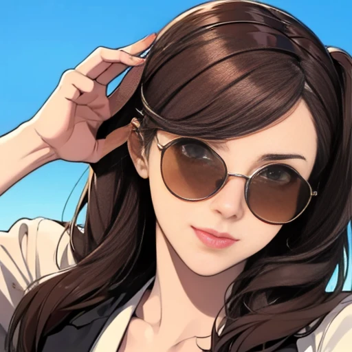 A girl , no sunglasses on face, one sunglasses , sunglasses on head, high-quality, detailed