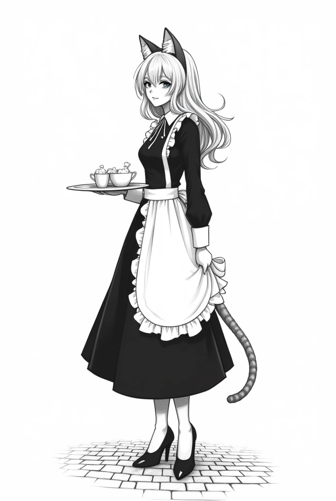 Jacques prevert black and white illustration art, illustration of a beautiful 16yo girl, detail face, cat ears, cat tail, tray in hand, maid suit, line draw, brick floor, white simple background, --ar 2:3 --stylize 50