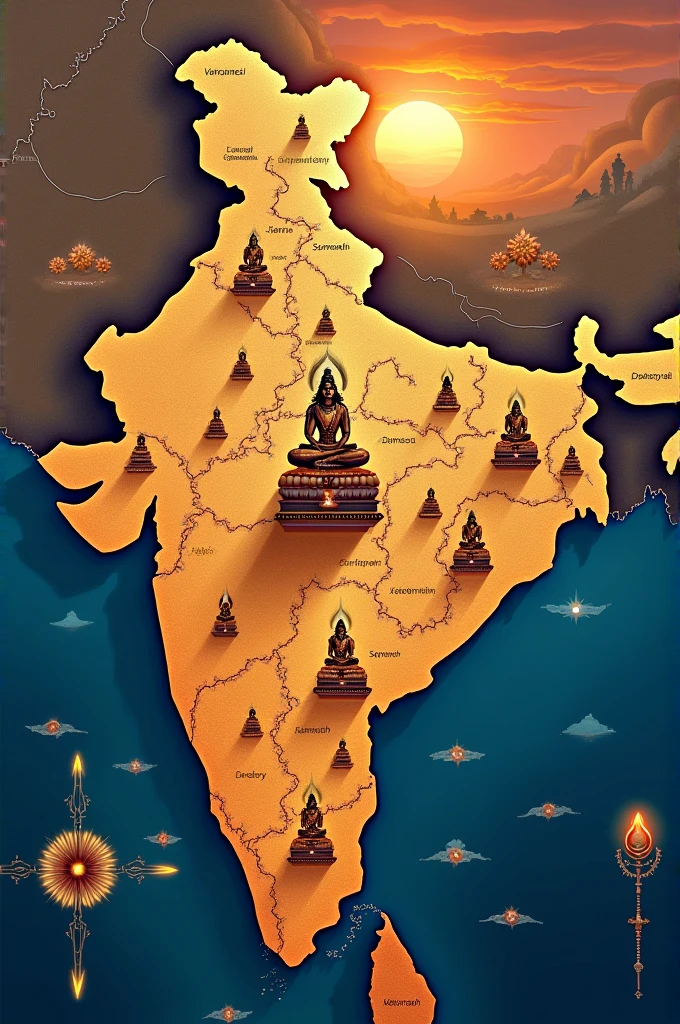 Indian map with shiva idols at every jyotirlinga place  