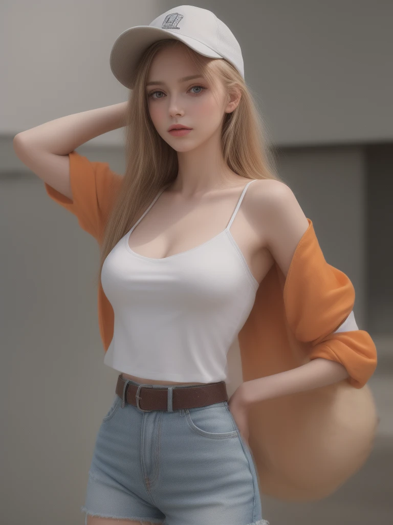 (Masterpiece, best quality, photorealistic, highres, photography:1.3), close-up portrait, sharp focus, tween blonde European fashion models, flawless skin, slim feminine appearance, flat abdomen, slender abs, small breasts cleavage, messy long hair, detailed hair strands, delicate sexy face, allure look, ((cool outfit, crop white camisole, open orange jacket, jean shorts, belt, baseball cap)), outdoor fashion photoshoot, standing posture, ((realistic, ultra realistic, realism, realistic detail))