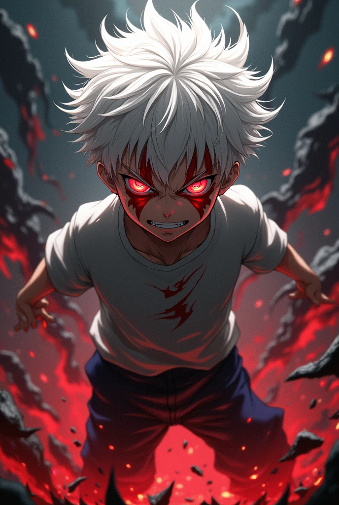 Make a boy with white hair and red eyes, with a malicious and uncontrolled expression, with red marks on his face..
anime styling