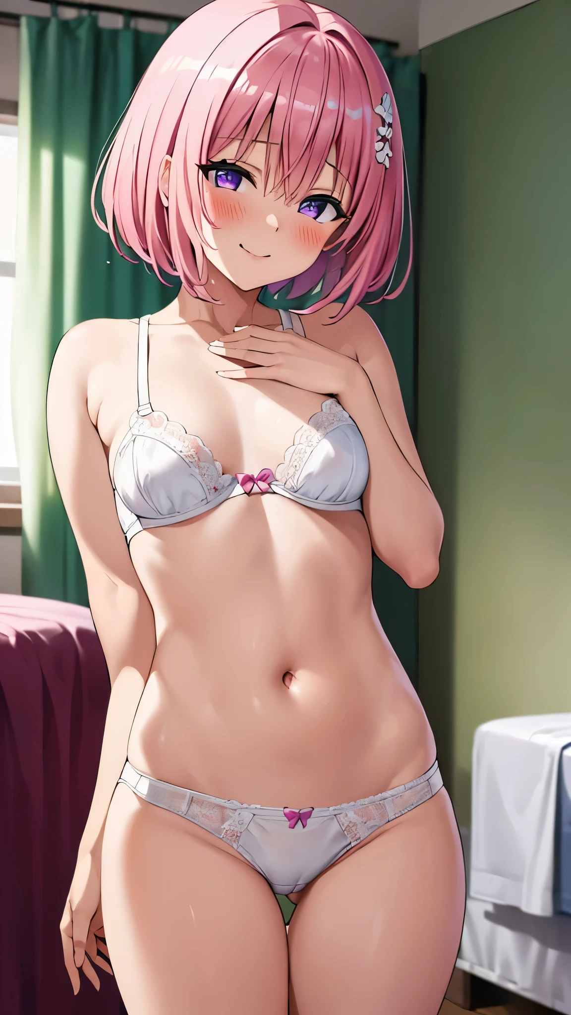 8k,Highest,quality,(highest quality:1.1), (masterpiece:1.4), (Confused:1.0),
1 person, Deviluke Type, hair ornaments, Bobcut, Short Hair Pink Hair, Purple eyes, Tight waist,Medium chest, ((( slut ))),((( bitch ))), ((White panties)),Underwear only,((bed)),((In her room)), (blush:1.2), smile,(Perfect Fingers),