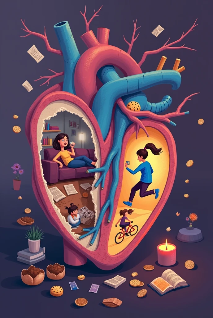 an illustration of a heart, inside the cavities (Auricle and ventricle) de la right personas haciendo actividades físicas y en las cavidades (auricle and ventricle) On the left, people who don't exercise and the heart on that side (left) It's in bad condition, unlike the other side (right) which is beautiful and in good condition.