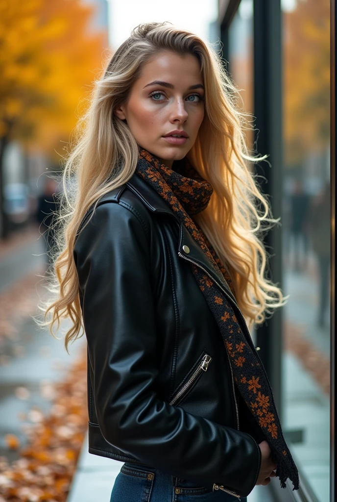 Create a realistic image of a 20 year old woman, longs cheveux blonds, Yeux bleu, des pommettes, veste en cuir, attend a un arrêt de bus