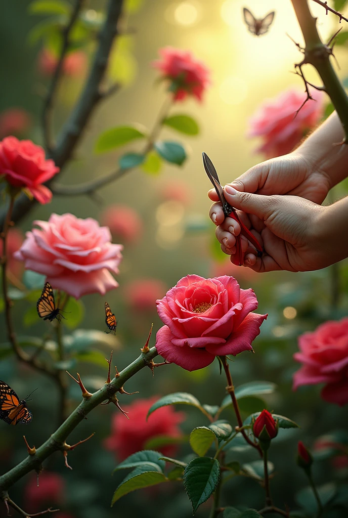 Create a garden where focus is on rose with thrones and someone's hands are cutting the thrones create more focus on thorns