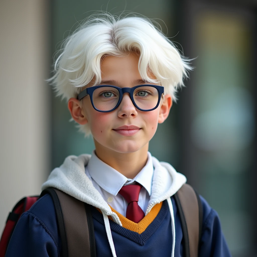 A high school student with white hair and glasses