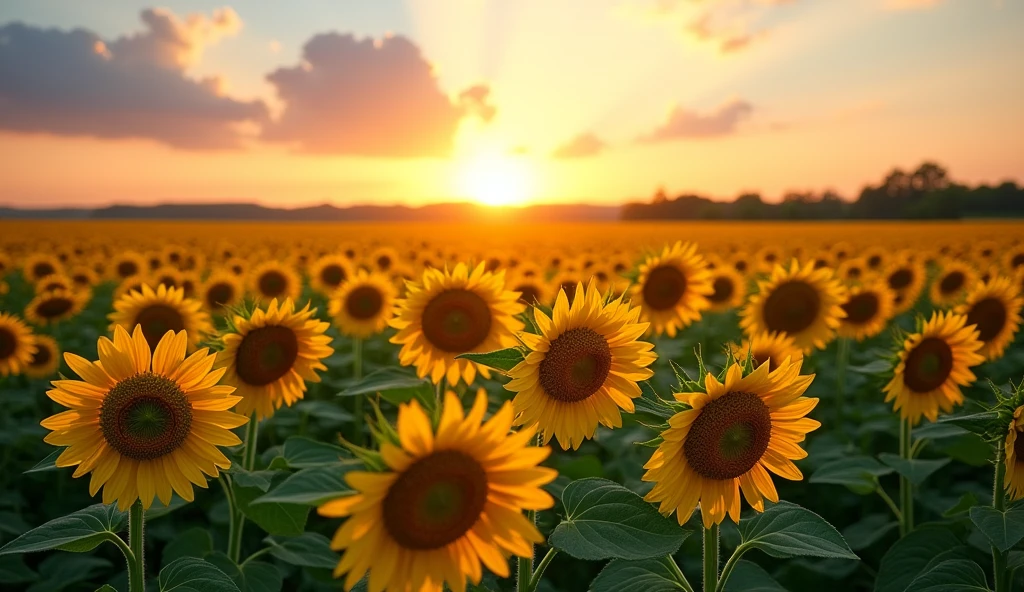 Generate a sunflower field with sun rise