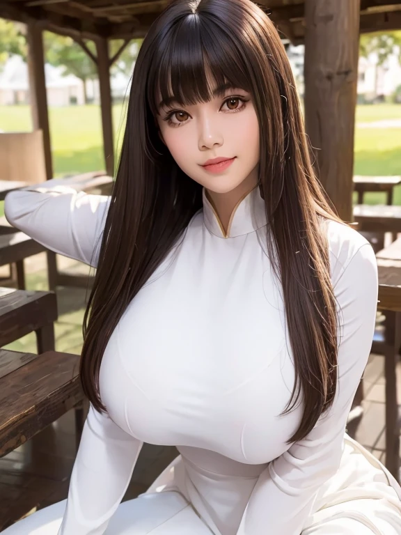 1 girl, (solo:1.2), long hair, brown hair, (huge breasts:1.6), (parted bangs:1.3), light smile, white vietnamese dress, white ao dai, aodai, long sleeves, show breasts, outdoor, beauty, non la, pettiskirt, long sleeves, kneeling, crouching, balanced eyes, thin eyebrows, makeup, perfect face, balanced face, focus on face, close up, BREAK ((Best Quality, 8k, Masterpiece: 1.3)), Sharp Focus: 1.2, Beautiful Woman with Perfect Figure: 1.4, Slender Abs: 1.2, Highly Detailed Face and Skin Texture, 1finger touching corner of mouth, perfect lighting