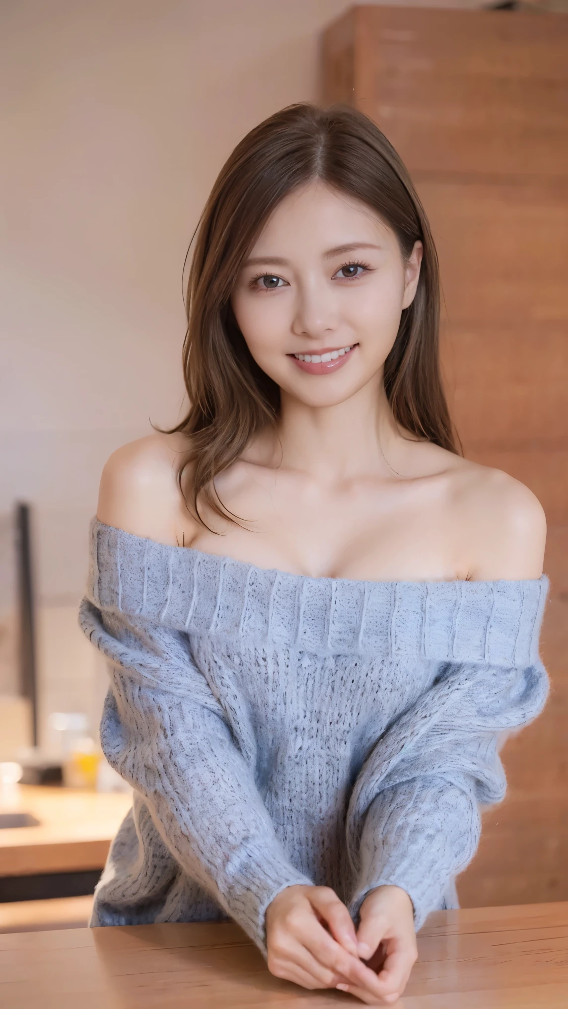 ((Highest quality, 8k, masterpiece: 1.3)), sharp: 1.2, Perfect Body Beauty: 1.4, Slim Abs: 1.2, ((nude、Big Breasts: 1.2)), (((Ribbed sweater:1.3, Off-the-shoulder sweater))), Short shorts:1.2, Expose your shoulders, (((Underbust: 1.1))), Face close-up: 1.0, Highly detailed face and skin texture, Beautiful Eyes, double eyelid, (((Looking down at the camera)))