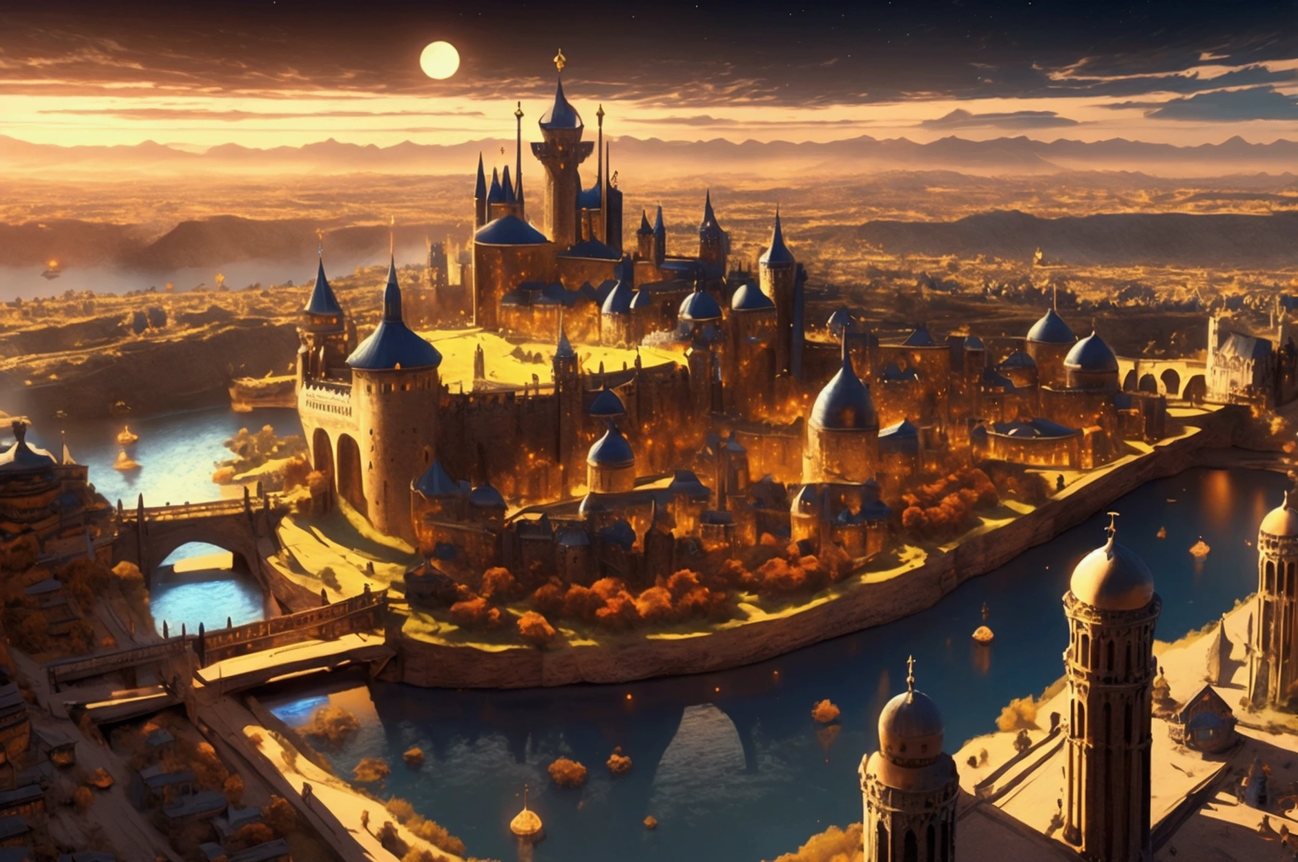 (32k, 8k, high graphics, high resolution, high details) ((fantasy medieval kingdom, fantasy medieval city)), panoramic view, extremely beautiful place, immense celestial tower in the center, wonderful view, blue sky and bright sun in the background image, some silhouettes floating over the city