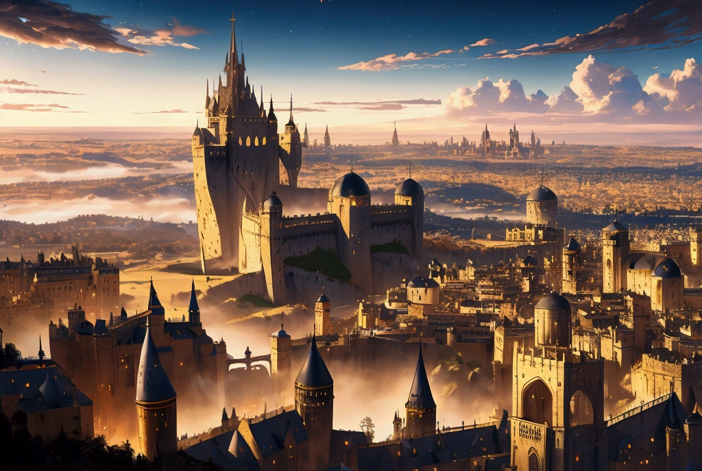 (32k, 8k, high graphics, high resolution, high details) ((fantasy medieval kingdom, fantasy medieval city)), panoramic view, extremely beautiful place, immense celestial tower in the center, wonderful view, blue sky and bright sun in the background image, some silhouettes floating over the city