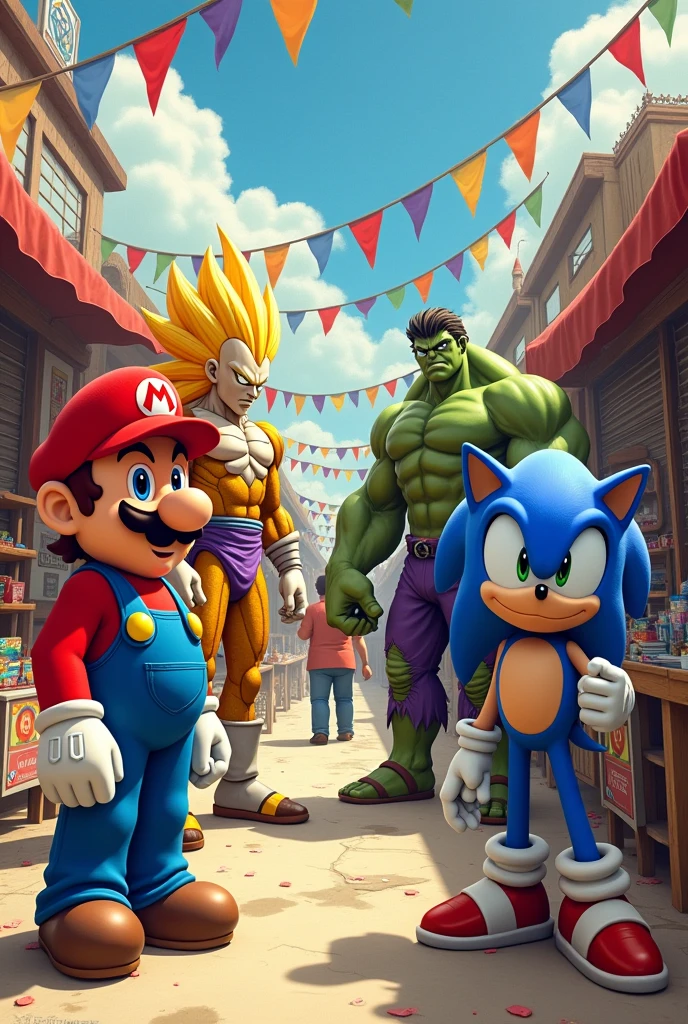 Super Mario, ein super Sajajin, Sonic , Hulk at the flea market