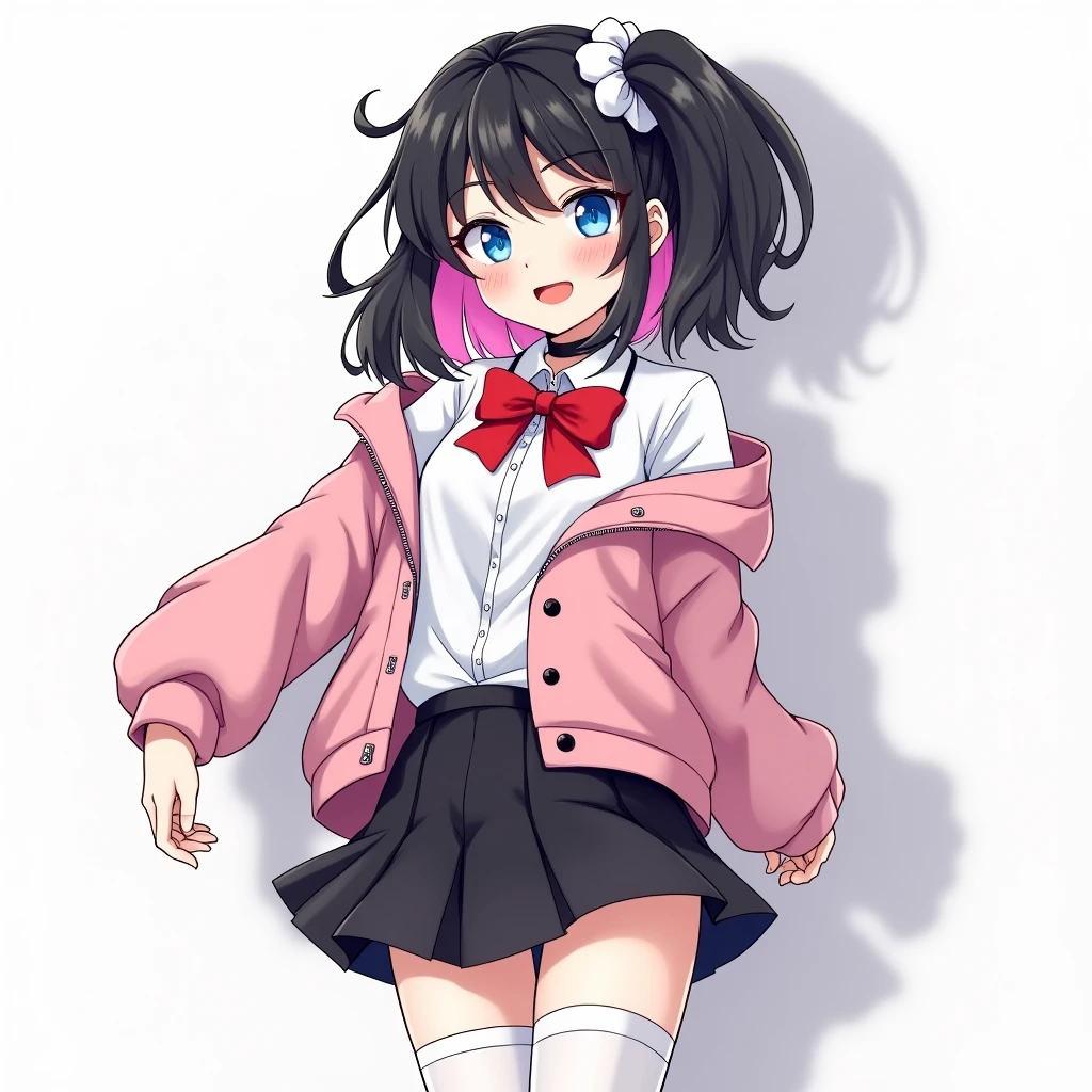 ((Highest quality))、hyper detailed(masterpiece),(deep shadows)、email, (１6  beautiful girl),(colored inner hair　black hair + pink inner hair),White scrunchie,eyes widen,BREAK　Blue eyes　BREAK , email、aanazuna, two side up, multicolored hair, choker, red bow, white shirt, pink jacket, open clothes, long sleeves, black skirt, pleated skirt, garter straps, white thighhighs,perky breasts,,Happy sex,tongue out,arms behind back (1 male)sex,sex from behind,top-down bottom-up,Simple white background
