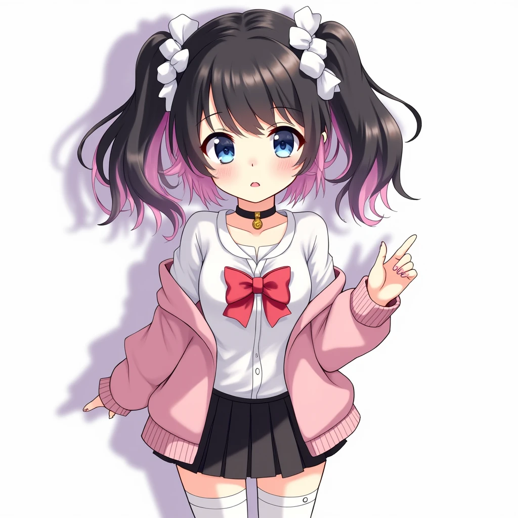 ((Highest quality))、hyper detailed(masterpiece),(deep shadows)、email, (１6 year old beautiful girl),(colored inner hair　black hair + pink inner hair),White scrunchie,eyes widen,BREAK　Blue eyes　BREAK , email、aanazuna, two side up, multicolored hair, choker, red bow, white shirt, pink jacket, open clothes, long sleeves, black skirt, pleated skirt, garter straps, white thighhighs,perky breasts,,Happy sex,tongue out,arms behind back (1 male)sex,sex from behind,top-down bottom-up,Simple white background
