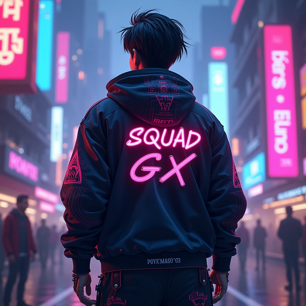 Create an image of a gamer guy with the following details:
The name "暗 | ᏋᏃ3Ꮶi3l" should be on the back of the character.
The squad name "Gx" should be placed below the name.
The overall design should be cool and unique.